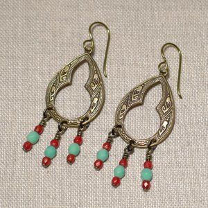 Hand Crafted Handmade Long Earrings Middle Eastern Inspired Brass & Beads